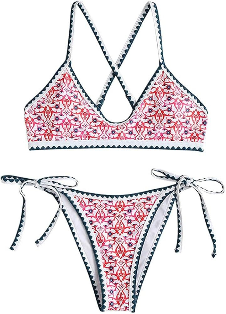 ZAFUL Women's Bohemian Swimsuit Strappy Tie Side Bikini Set Triangle Cheeky String Brazilian Swim... | Amazon (US)
