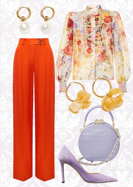 Lively and colourful outfit made up of orange trousers, a floral Zimmerman top and lavender lilac accessories 