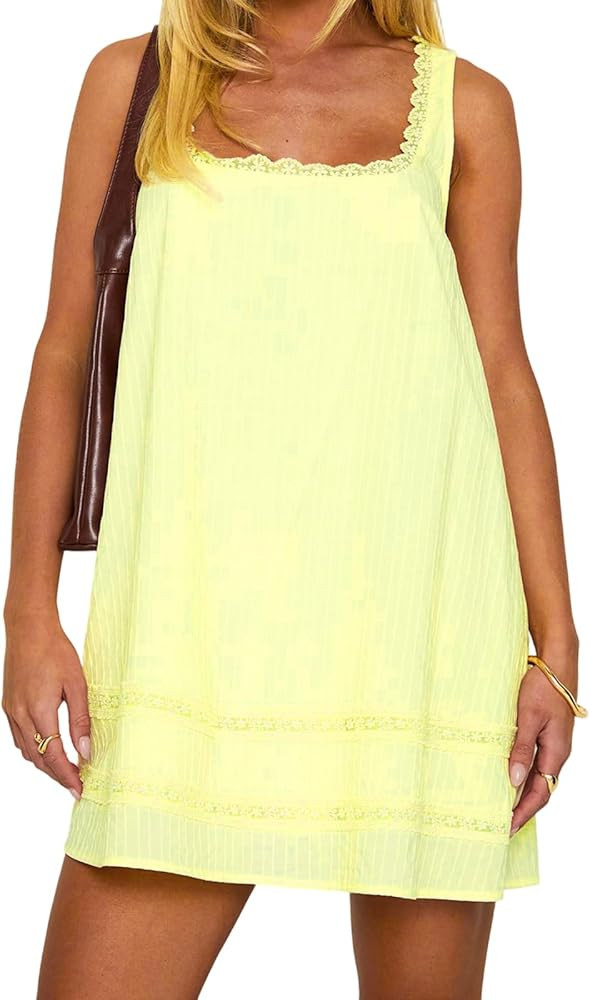 Casual Shift Dress for Women 2026 Fashion Lace Trim Square Neck Sleeveless Mini Dress Cute Spring... | Amazon (US)