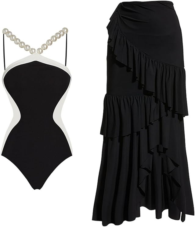 FLAXMAKER Halter Artificial Pearl Chain One Piece Swimsuit and Skirt | Amazon (US)