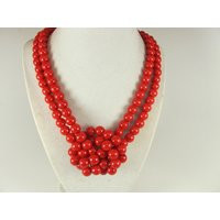 Chunky Red Beaded Necklace, Double Strand Glass Pearl Statement Knot | Etsy (US)