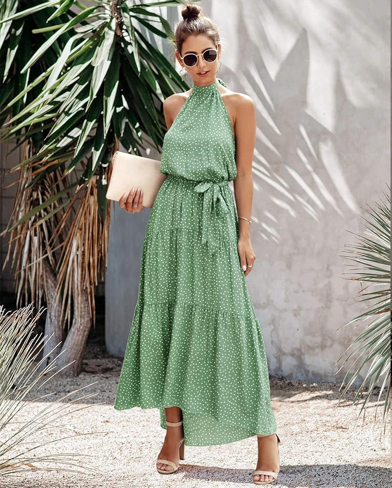 PRETTYGARDEN Women’s Casual Halter Neck Sleeveless Floral Long Maxi Dress Backless Loose Ruffle Sund | Amazon (US)