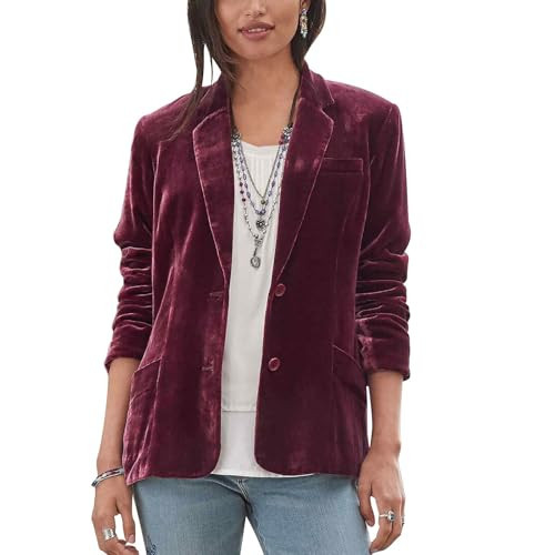 MINTLIMIT Velvet Blazer Jacket for Women Long Sleeve Casual Work Office Loose Vintage Jackets Suit Blazers with Pockets Outerwear(Wine Red,XL) | Amazon (US)
