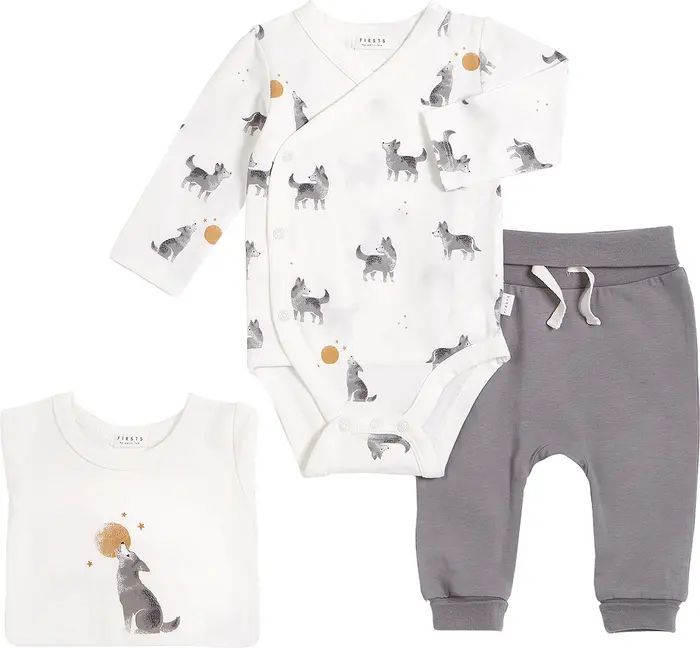FIRSTS by Petit Lem Wolf Pup Stretch Organic Cotton Bodysuits & Joggers Set | Nordstrom | Nordstrom