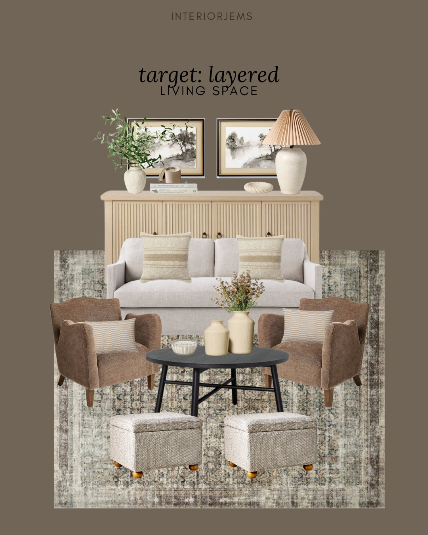 Target, layered living room, get the look, media cabinets, buffet cabinets, sideboard, brown, accent, chair, bun, foot, ottoman, black coffee table, framed and ready, art, table, lamp, bedroom, lamp, Loloi rug 