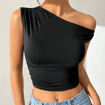 Women Plus Size Asymmetric Collar Cropped Fashionable Top, Solid Color | SHEIN