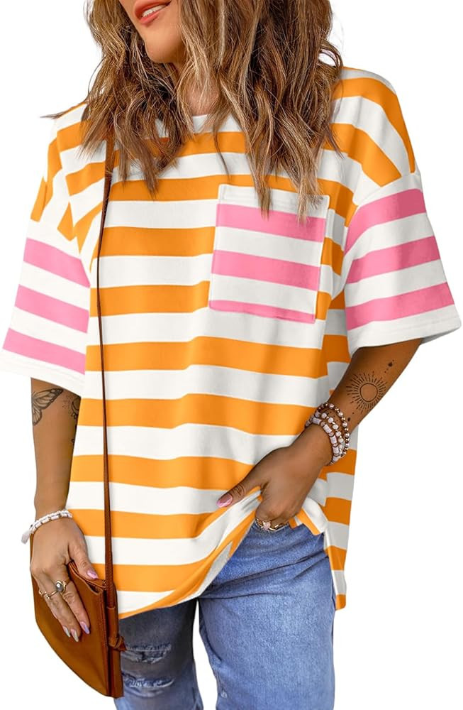 Womens Oversized Color Block Striped Tshirts Summer Casual Short Sleeve Tops Loose Fit Crew Neck ... | Amazon (US)