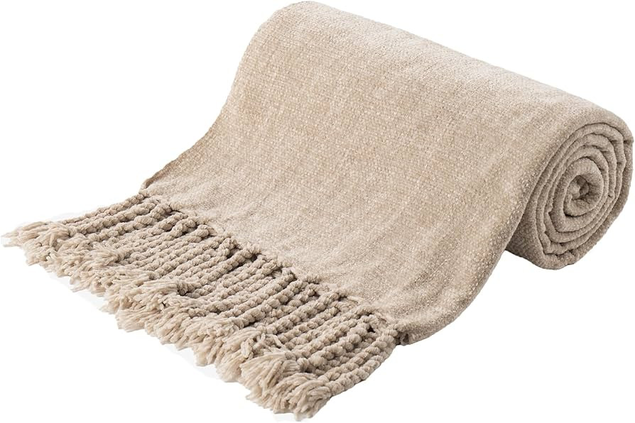 BATTILO HOME Beige Chenille Throw Blanket for Couch, Decorative Fringe Velvety Khaki Tan Throw Bl... | Amazon (US)