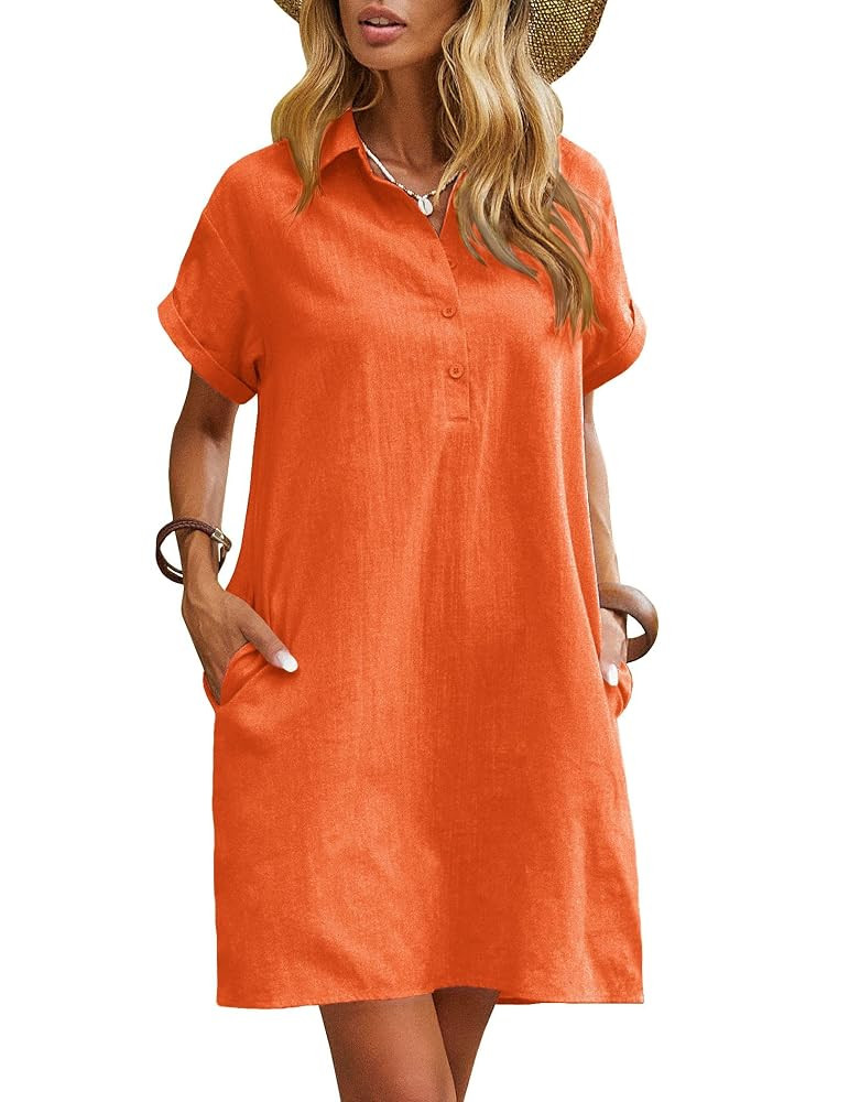 Zeagoo Womens Cotton Shirt Dress Summer Casual Short Sleeve Button Down Beach Cover Up Shirts wit... | Amazon (US)