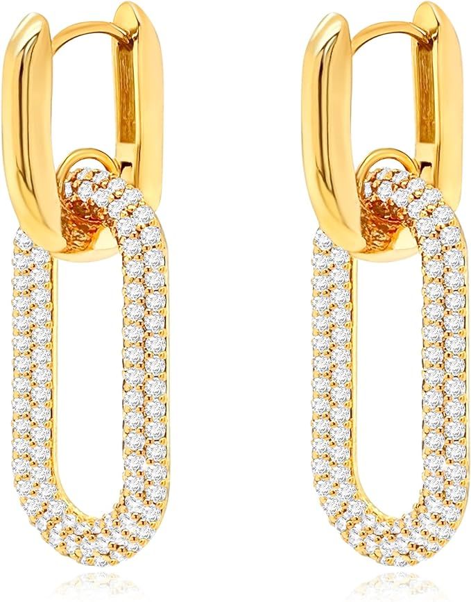 OZEL – Chain Earrings for Women with Cubic Zirconia Stones – 14k Yellow Gold or White Gold Pl... | Amazon (US)