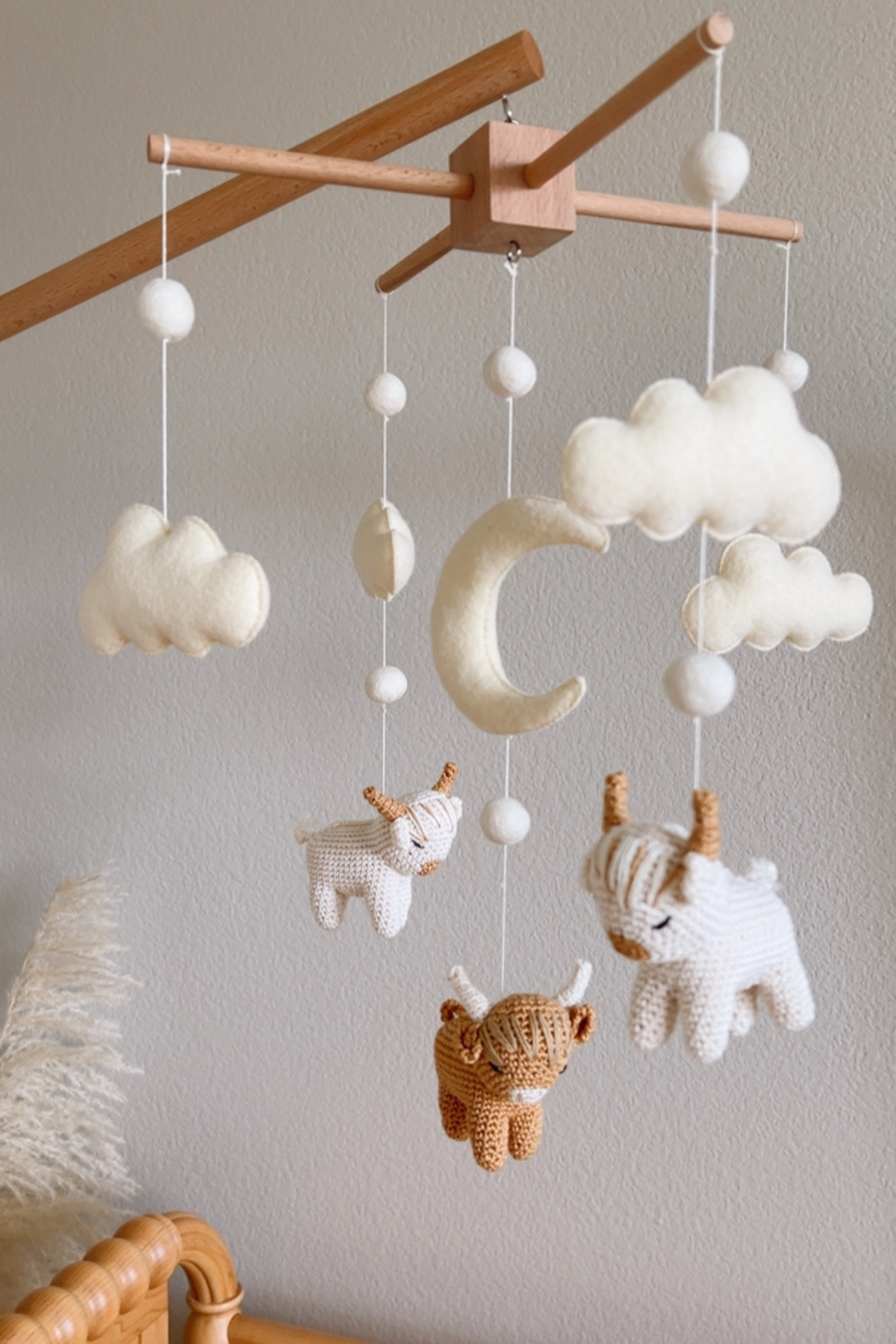 The sweetest hand crocheted highland cow mobile perfect for a boho western themed nursery 🤎🐮🤍 

Neutral nursery

#LTKBaby