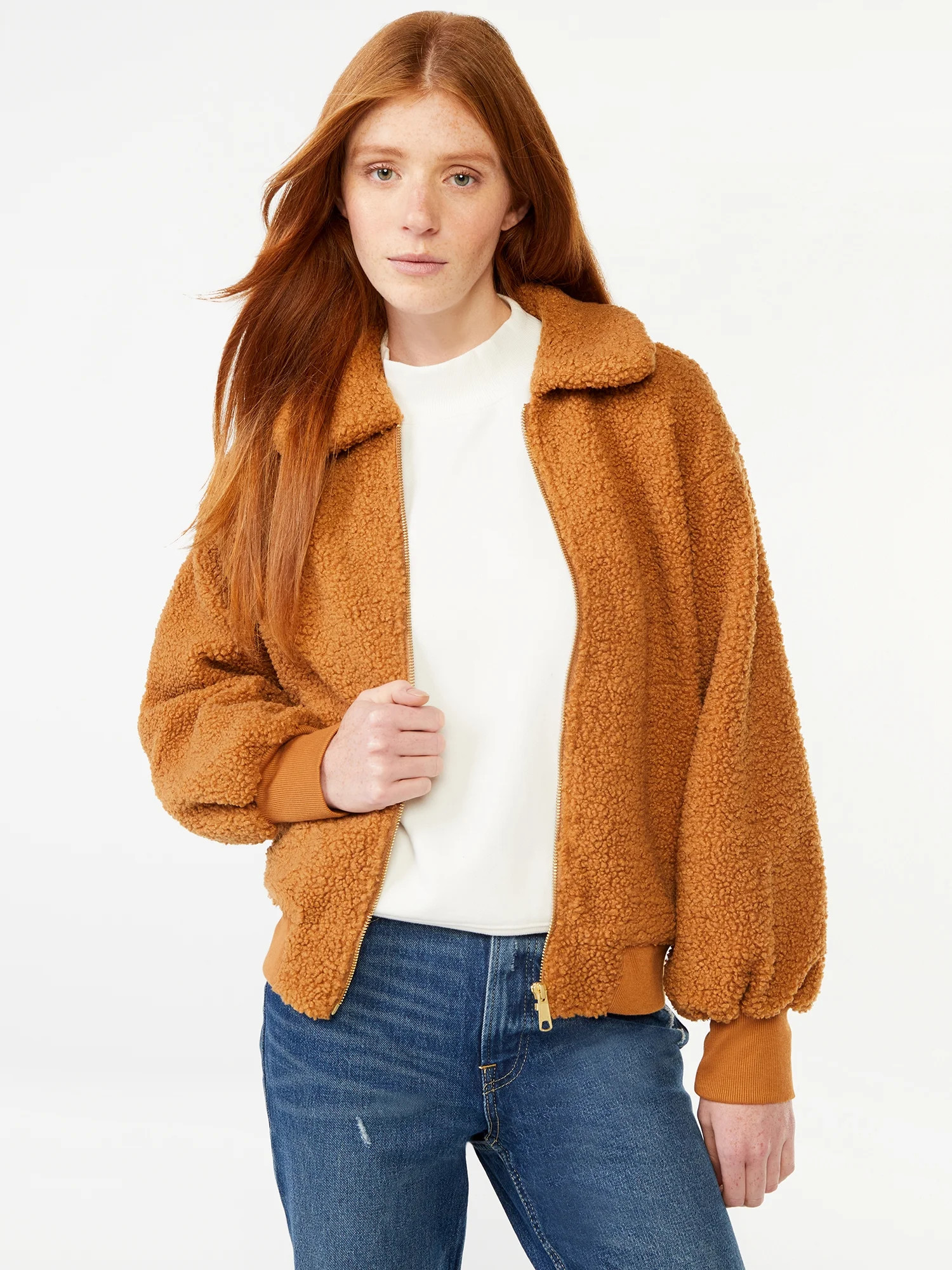 Free Assembly Women's Zip Front Teddy Bomber Jacket | Walmart (US)