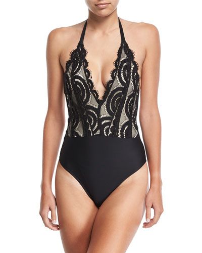Plunging Lace One-Piece Swimsuit | Neiman Marcus