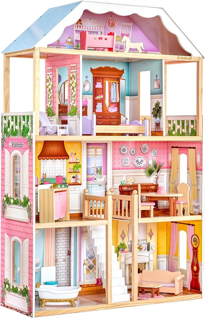 KidKraft Charlotte Classic Wooden Dollhouse with 14-Piece Accessory Set, for 12-Inch Dolls | Amazon (US)
