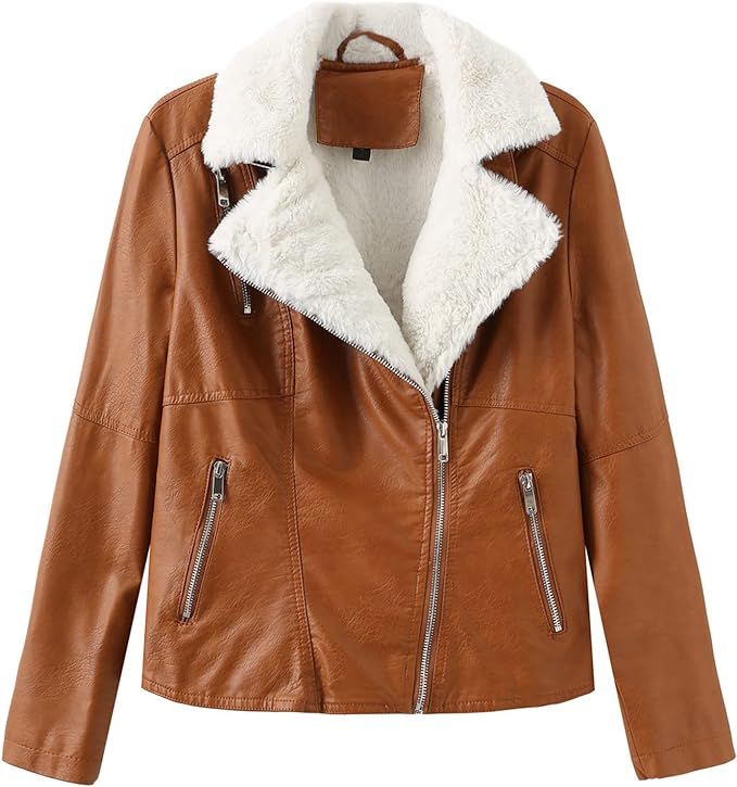Women Winter Leather Jacket Thicken Fleece Lined Motorcycle Jacket Faux Fur Shearling Fluffy Coat... | Amazon (US)