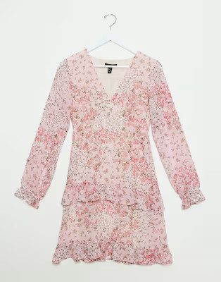New Look chiffon tiered mini dress in pink ditsy floral print | ASOS (Global)