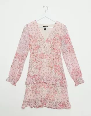 New Look chiffon tiered mini dress in pink ditsy floral print | ASOS (Global)