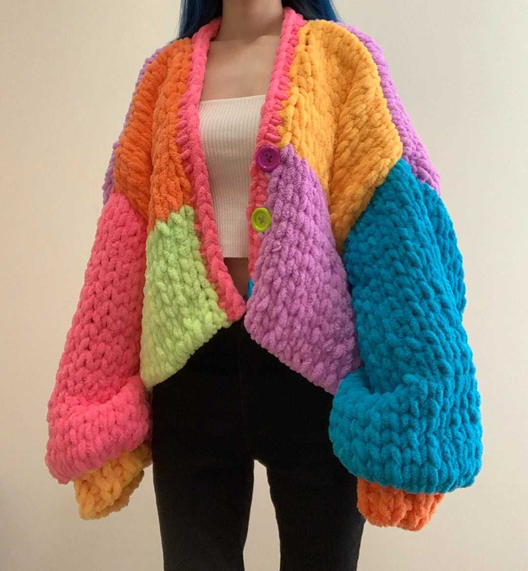 Handknit Hot Pink, Orange, Yellow, Lime Green, Blue, and Purple Colorblock Chunky Chenille Knit C... | Etsy (US)