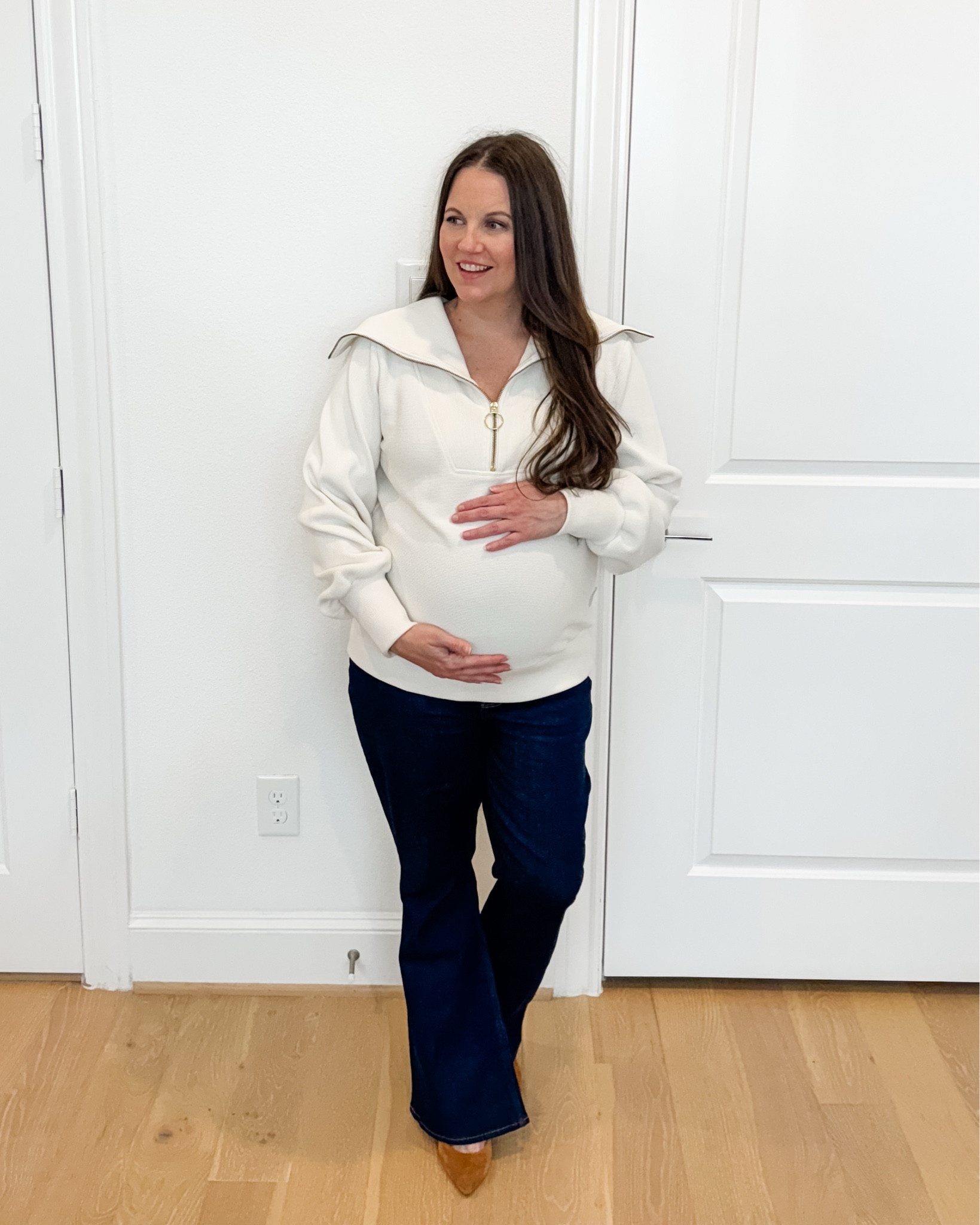 This elevated winter outfit has quickly become one of my favorite maternity outfit looks. The half-zip pullover with an oversized collar adds such a chic, modern touch while still being cozy and bump-friendly. I paired it with dark blue bootcut flared jeans, which are truly the best maternity jeans for a flattering fit and all-day comfort.

Finished with brown heels, this pregnancy outfit works perfectly as a dressy casual outfit for lunch dates, casual workdays, or events where you want to feel polished without sacrificing comfort. It’s a great example of stylish winter outfits women can wear during pregnancy while still feeling confident and put together.

Everything is linked below so you can recreate this bump-friendly winter look 


#LTKSeasonal #LTKFindsUnder100 #LTKBump