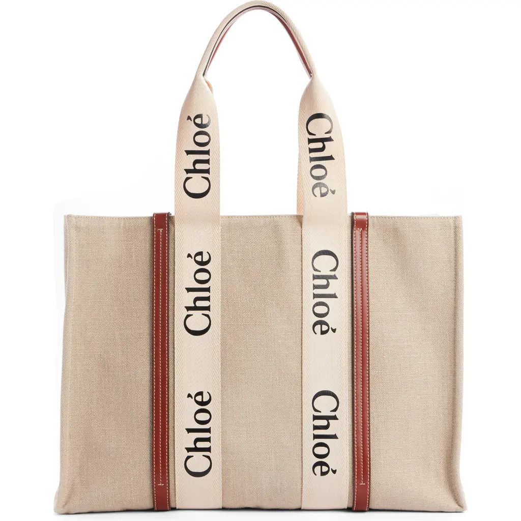 Chloé Medium Woody Linen Tote in White - Brown 1 at Nordstrom | Nordstrom