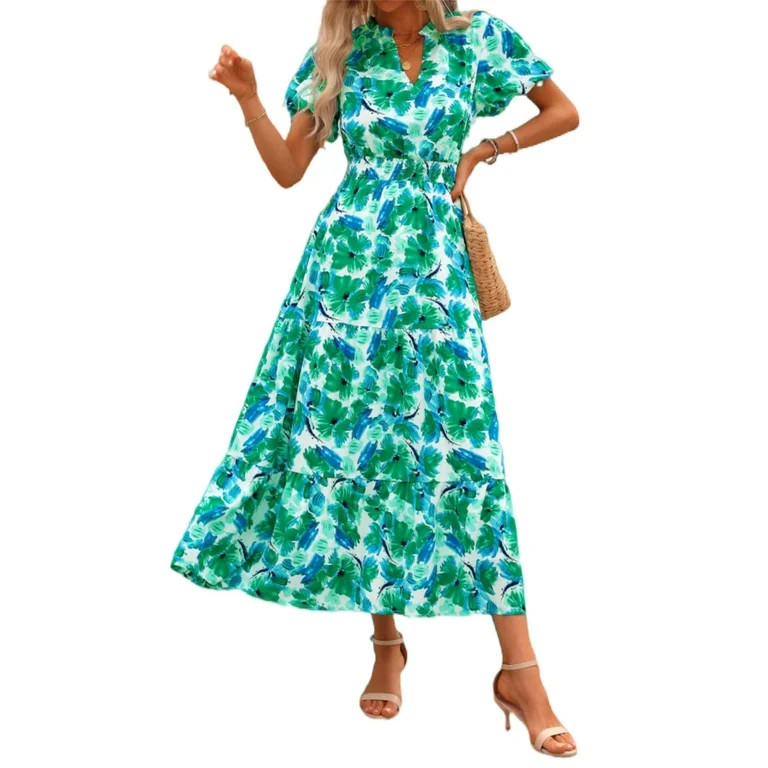 PRETTYGARDEN Summer Maxi Dress for Women Casual Wear To Work V Neck Puff Short Sleeve Smocked Ruf... | Walmart (US)