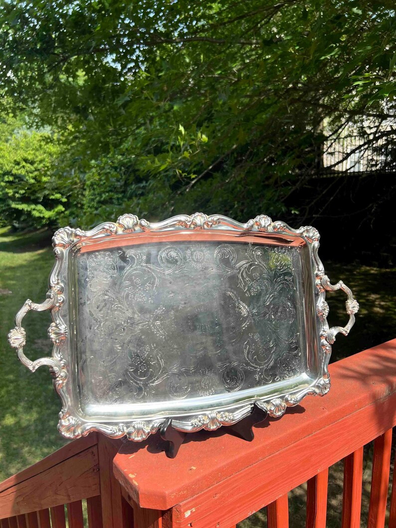 Vintage Silver Plated Serving Tray, Rococo Shell Scroll Handles, Etched Floral Pattern - Etsy | Etsy (Global)