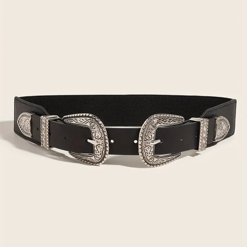 Vintage Carved Double Buckle Belt Solid Color Western Pu - Temu Canada | Temu Affiliate Program