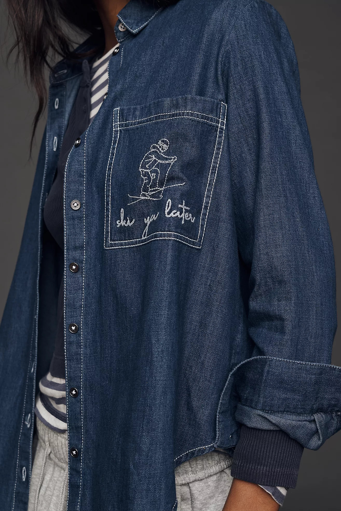 Pilcro Ski Motif Long-Sleeve Denim Buttondown Shirt | Anthropologie (US)