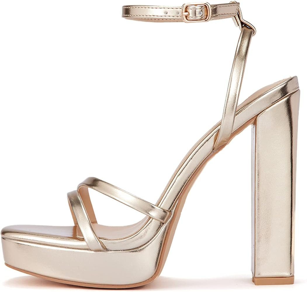 GENSHUO Women's Platform Chunky High Heels Square Toe Ankle Strap Heel Sandals Strappy Wedding Pa... | Amazon (US)
