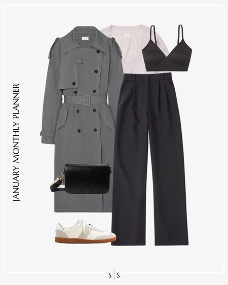 Monthly outfit planner: JANUARY: Winter looks | trouser pant, trench coat, sweater, bralette, sneaker 

See the entire calendar on thesarahstories.com ✨ 

#LTKstyletip