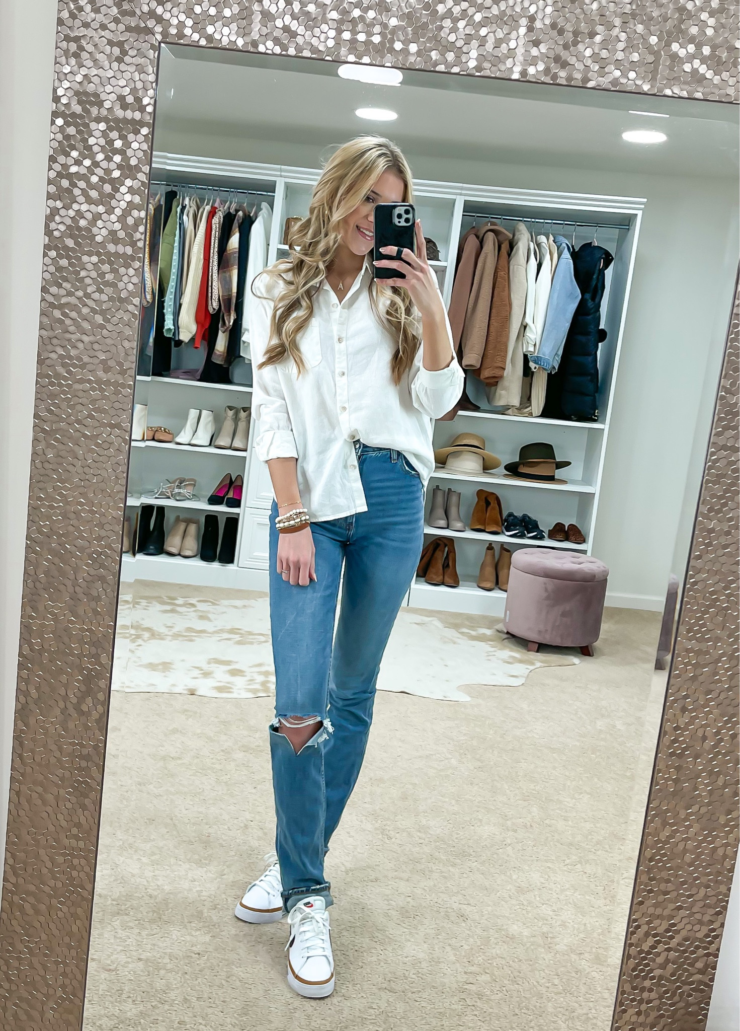 New at target for spring. Jeans for tall girl. Abercrombie jeans. I’m 5’9. White blouse. White Nike court sneaker  

#LTKstyletip #LTKunder100 #LTKunder50