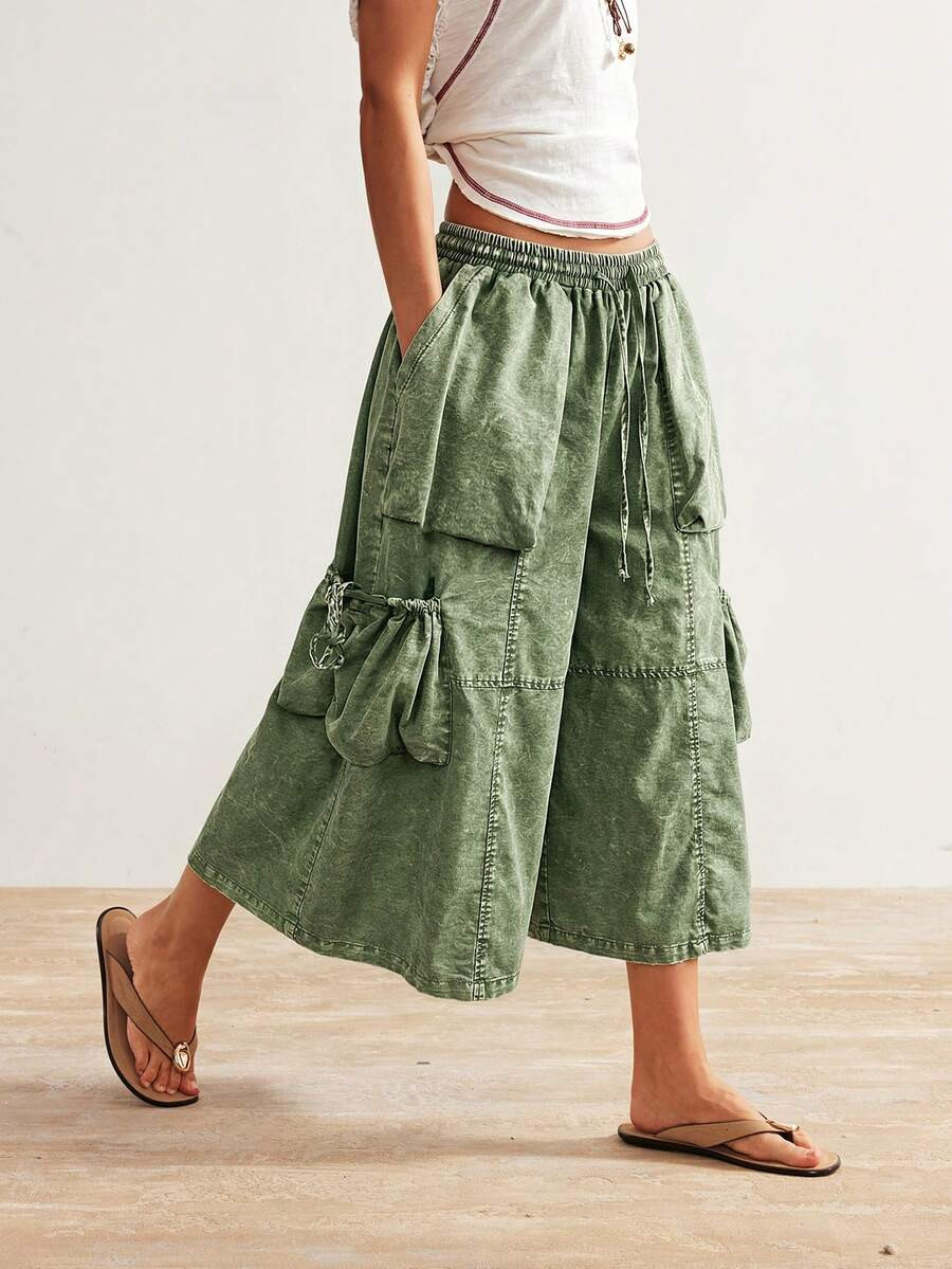 Bohemela Women's Sage Green Summer Boho Vacation Holiday Capri Pants, Vintage Washed Solid Color ... | SHEIN