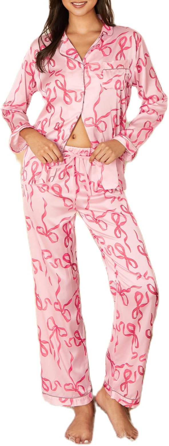 cochineal Bow Pajamas for Women Long Sleeve Button Shirt Lounge Pants Pjs Set Silk Satin 2 Piece ... | Amazon (US)