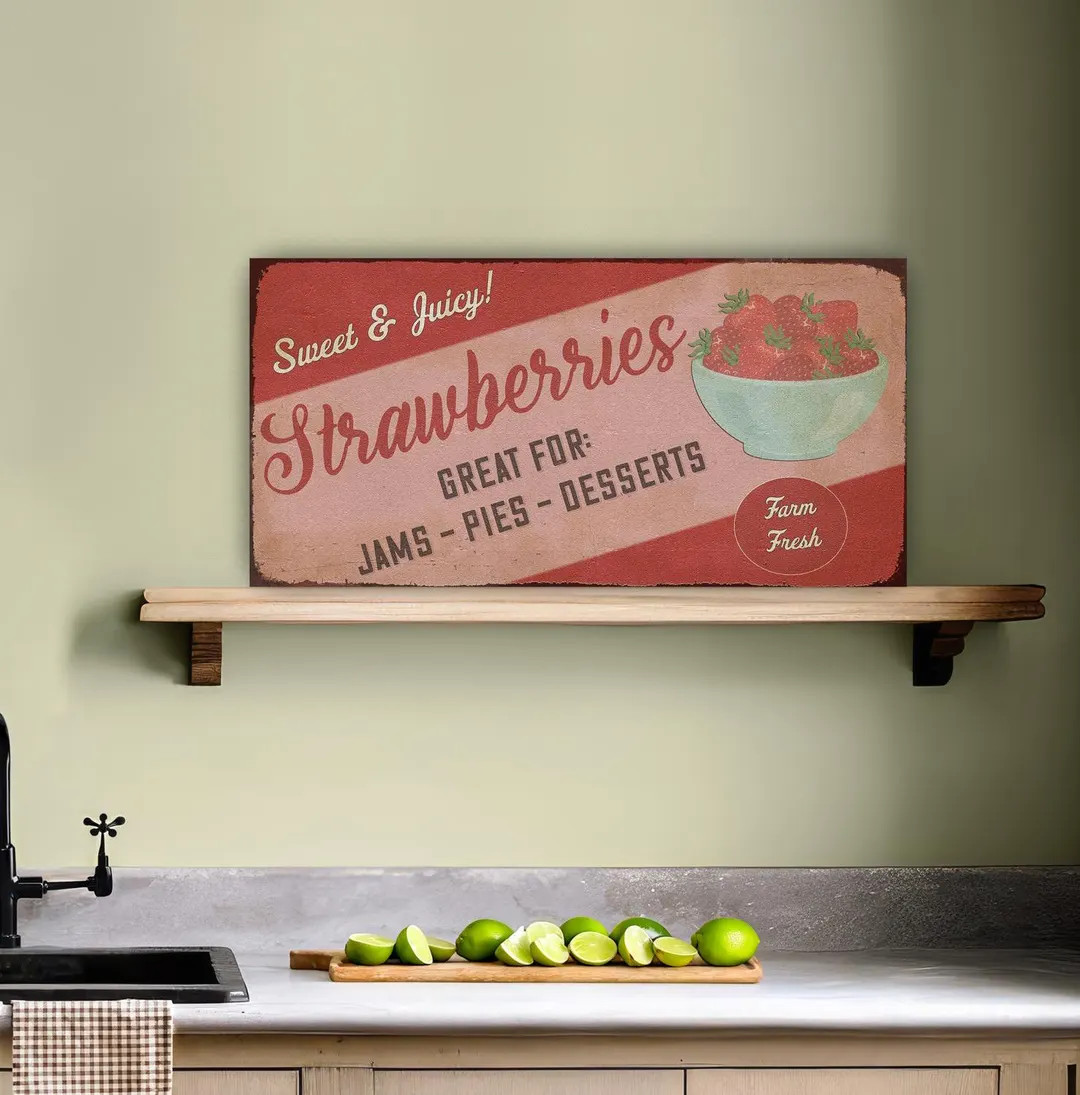 Retro Strawberries Sign, Vintage Farmhouse Sign, Vintage Kitchen Decor, Large Canvas Sign, Retro ... | Etsy (US)
