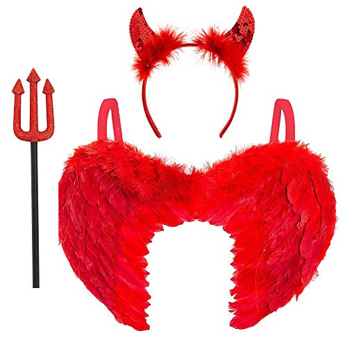 3pc Devil Costume Women - Red Angel Wings Adult Red Devil Horns and Fork Devil Set - Womens Devil Costume Red Devil Halloween Costume - Red Devil Wings Devil Pitchfork and Devil Halloween Headband | Amazon (US)