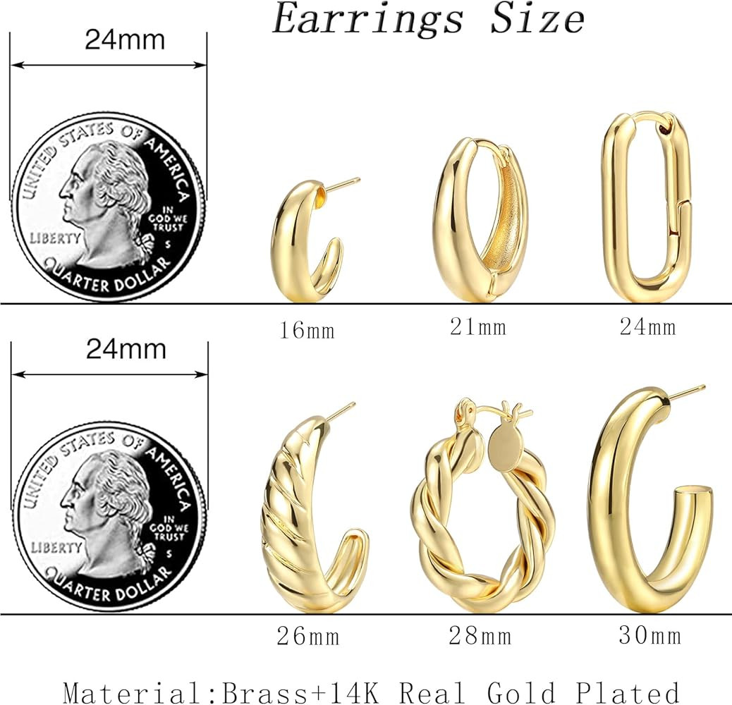 Gold Hoop Earrings Set for Women, 6 Pairs 14K Gold Plated Lightweight Hypoallergenic Chunky Open ... | Amazon (US)