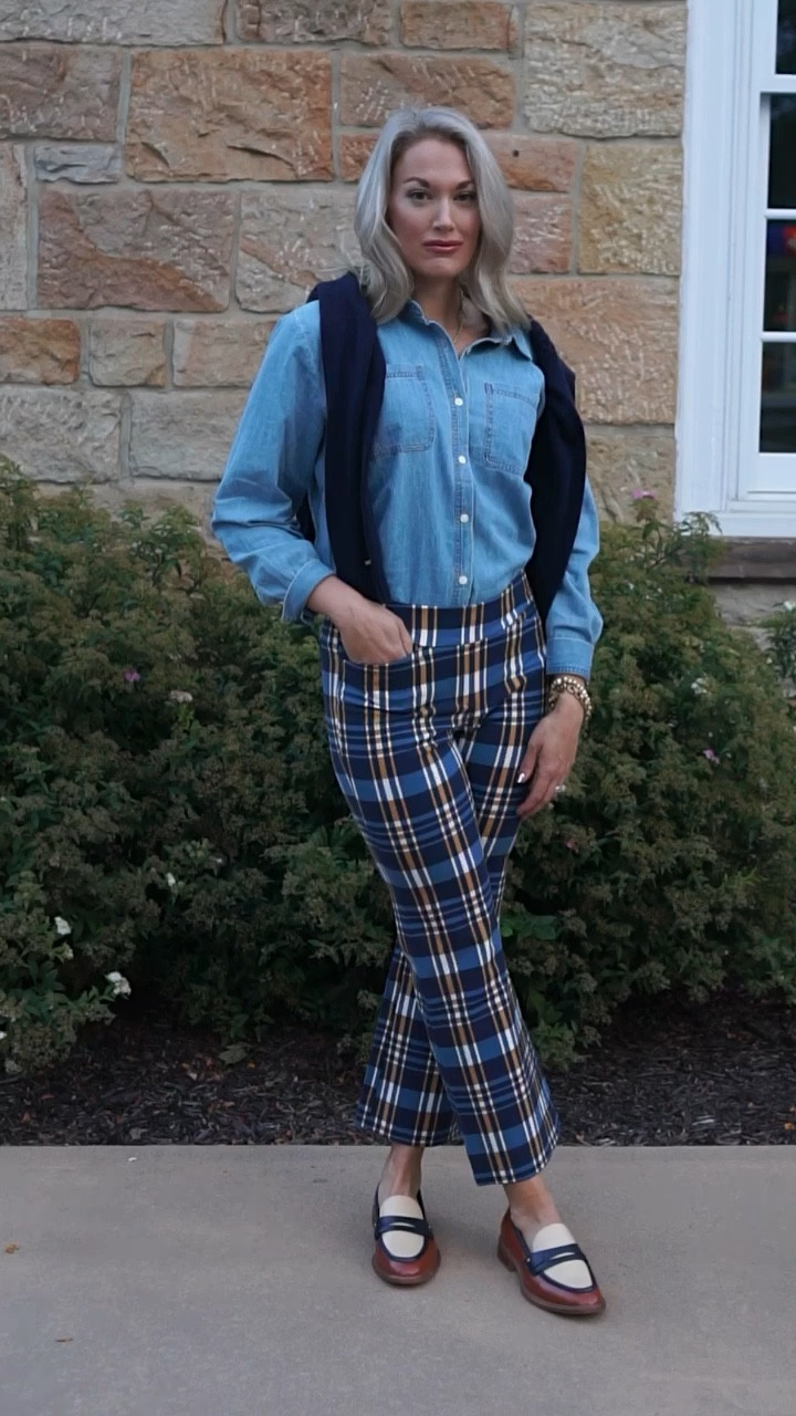 Fall outfit, plaid pants, chambray top, navy sweater, loafers 

#LTKSeasonal #LTKWorkwear #LTKVideo