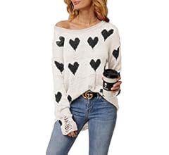 Chang Yun Women Off Shoulder Knitted Pullovers Sweater Loose Long Sleeve Hearts Printed Ripped To... | Amazon (US)