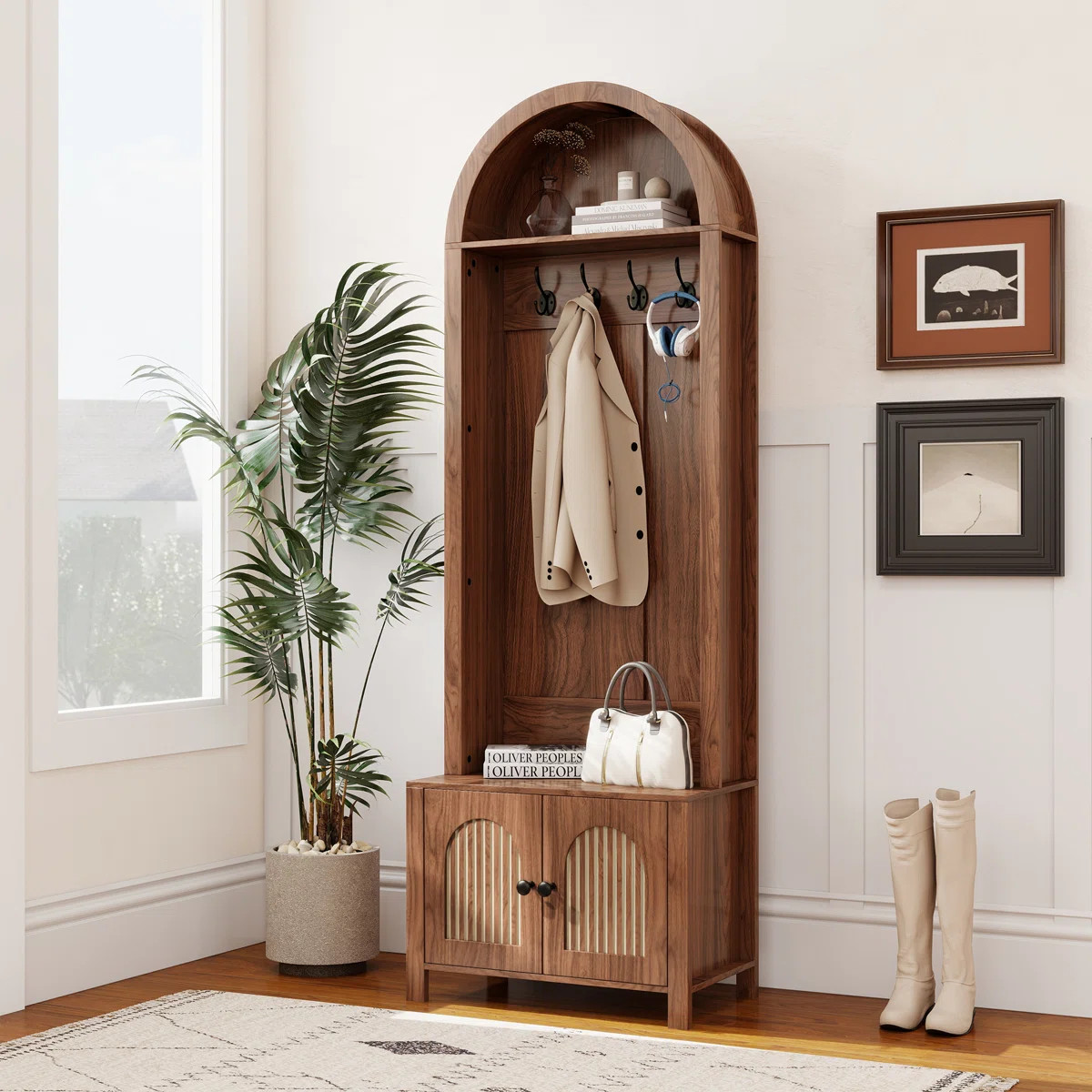 Arch Hall Tree With Bench And Shoe Storage, 4-in-1 Coat Rack With 4 Hooks And 2 Fluted Doors | Wayfair North America