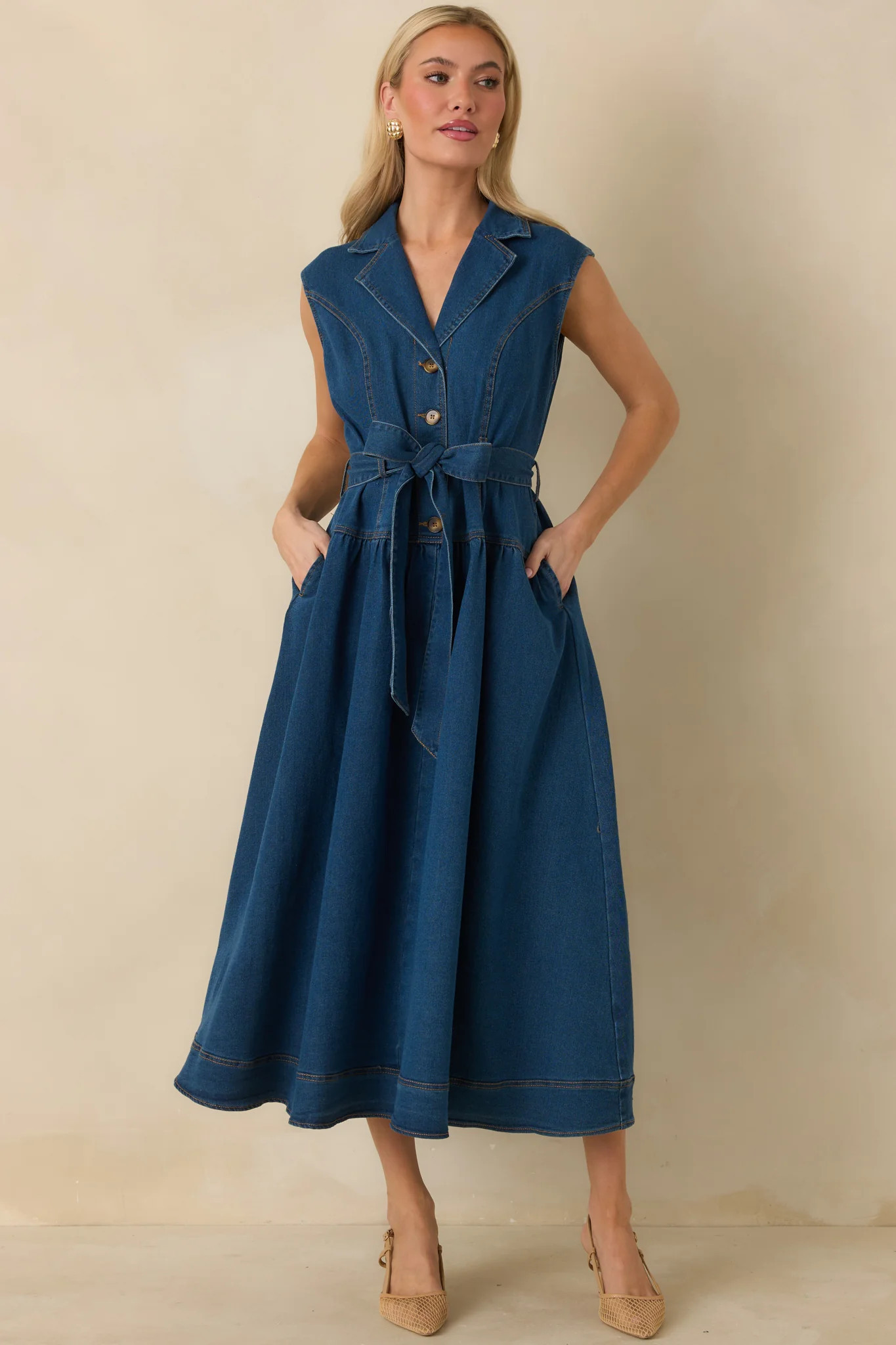 I'm All In Dark Wash Denim Tie-Belt Midi Dress | Red Dress
