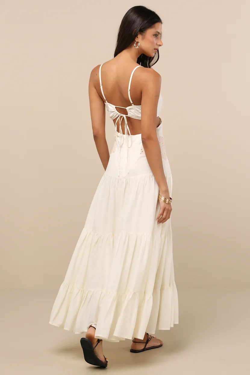 Maisha Ivory and Beige Embroidered Drop Waist Maxi Dress | Lulus