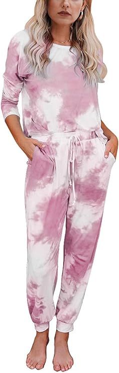 KIRUNDO Women’s Tie Dye Pajamas Set Long Sleeves Jogger PJ Sets Two Pieces Round Neck Loungewea... | Amazon (US)