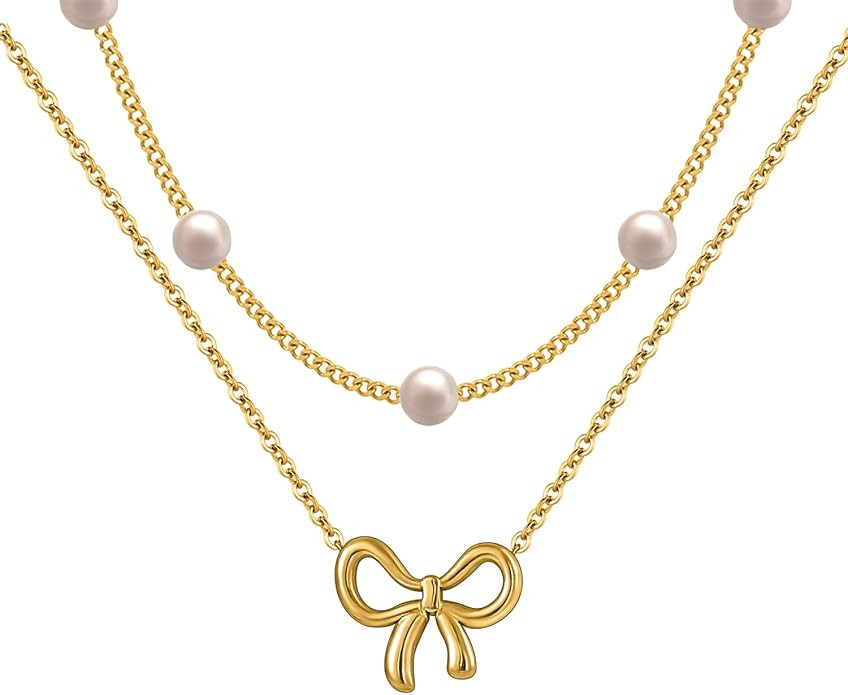 Qitian 18K Gold Plated Satellite Pearl & Bow Pendant Necklace for Women, Adjustable Layered Choke... | Amazon (US)