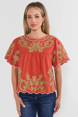 Erin Rust Embroidered Scalloped Top by THML | Avara