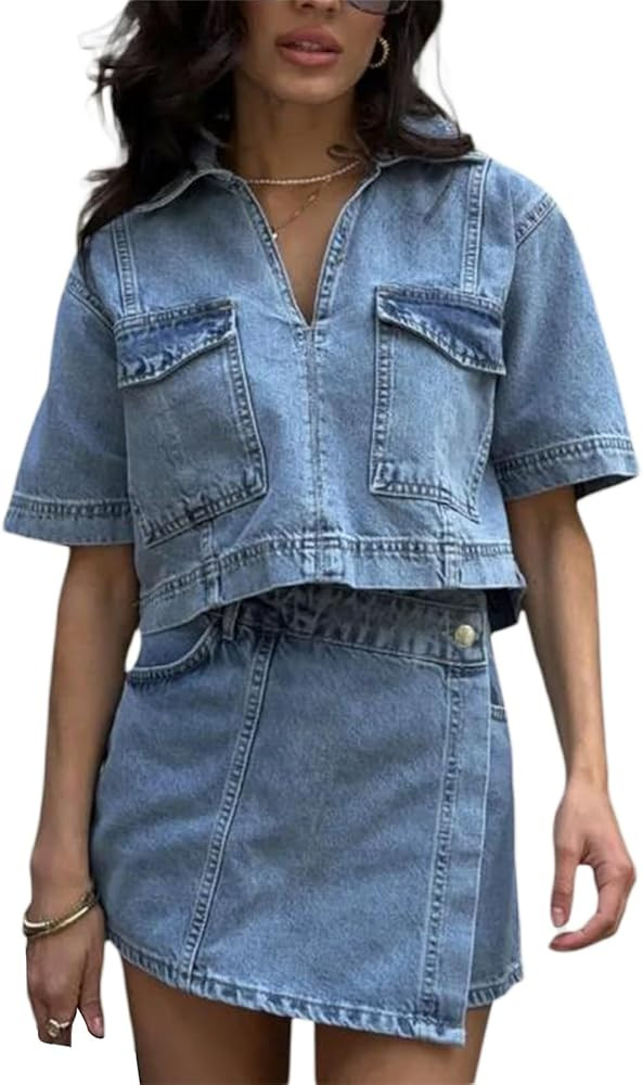 Mxiqqpltky Denim Skirt Sets Women 2 Piece Outfits Y2k Short Sleeve V Neck Crop T Shirt and High W... | Amazon (US)
