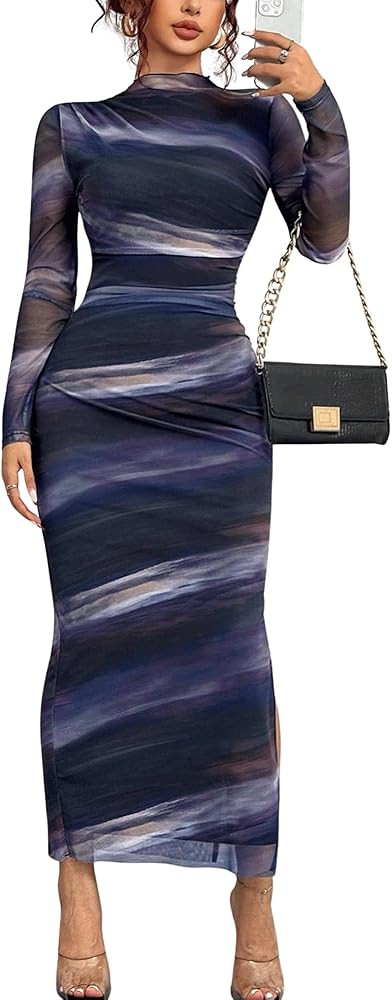 MOEENCN Women Sheer Mesh Maxi Dress Long Sleeve Bodycon Birthday Outfits Ruched Tie Dye Cocktail ... | Amazon (US)
