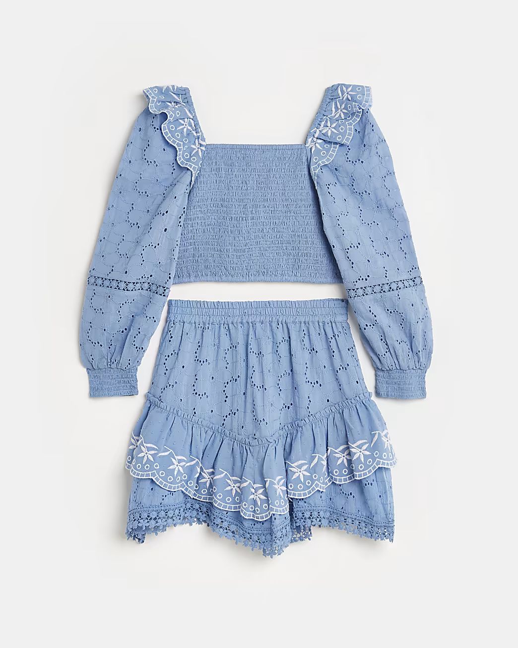 Girls blue denim broderie blouse and skirt | River Island (UK & IE)
