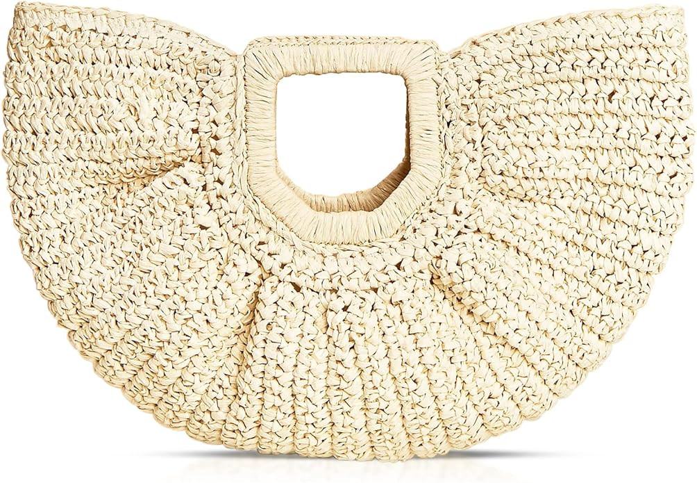 Rattan Handbag, Semi-Circular Woven Beach Bag for Women - Handmade Rattan Handbag for Vacation Tr... | Amazon (US)