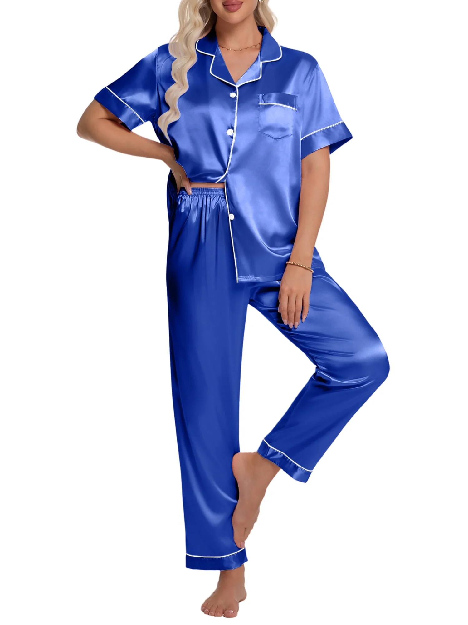 DAKIMOE Silk Satin Pajamas Set for Women Two-Piece Short Sleeve Shirt with Long Pajama Pant Set S... | Walmart (US)