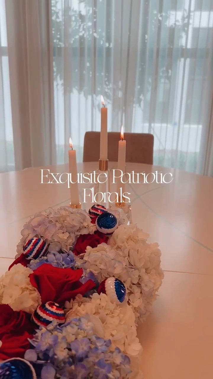 Look at this exquisite centerpiece I crafted for Independence Day! I wanted a modern centerpiece exuding sophistication and charm, so I used the long and sleek acrylic base that's truly a personal favorite of mine. Then, I intertwined snowy white and vibrant blue hydrangeas, creating a delightful pattern that dances before your eyes. To pay tribute to the beloved hues of the US flag, I carefully nestled pristine white and fiery red roses among the hydrangeas. Lastly, a sprinkle of stardust! I added a finishing touch of sequined ornaments in dazzling shades of crimson, pristine white, and majestic blue. These little gems bring a touch of whimsy and a dash of glamour, elevating the centerpiece to a new level. Can you imagine the effect this masterpiece will have on your Independence Day tables? It's simply captivating! It transforms any gathering, whether a relaxed backyard barbecue or an elegant soirée, into a realm of festive enchantment. Show me your pictures if you recreate it! I linked the products on my LTK page, or comment LINK below. 
